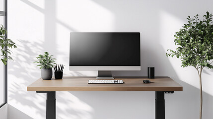 Fototapeta premium A minimalist home office featuring a standing desk and sleek, modern design. The workspace is clutter-free with just a computer monitor, keyboard, and a small potted plant