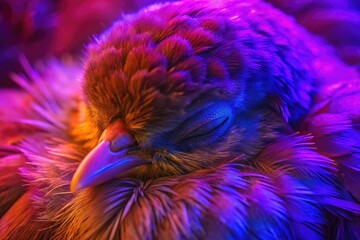 Fototapeta premium Close-up of a vibrant bird with fluffy feathers in neon light.