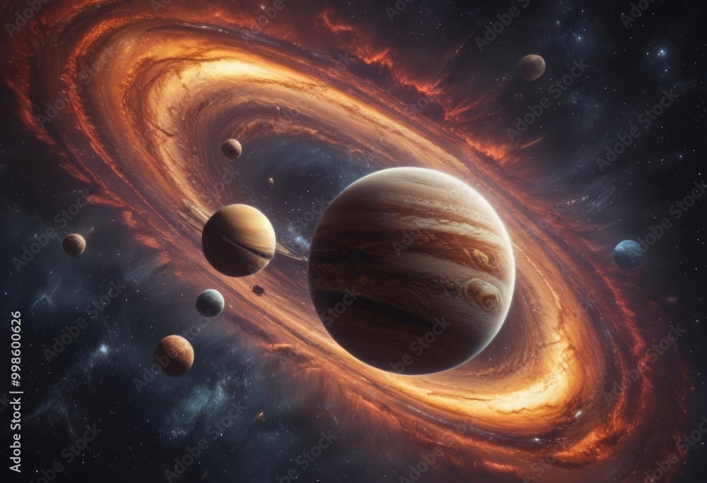 Aufkleber a digital painting solar system, featuring a large planet with swirling clouds of gas and dust, surr