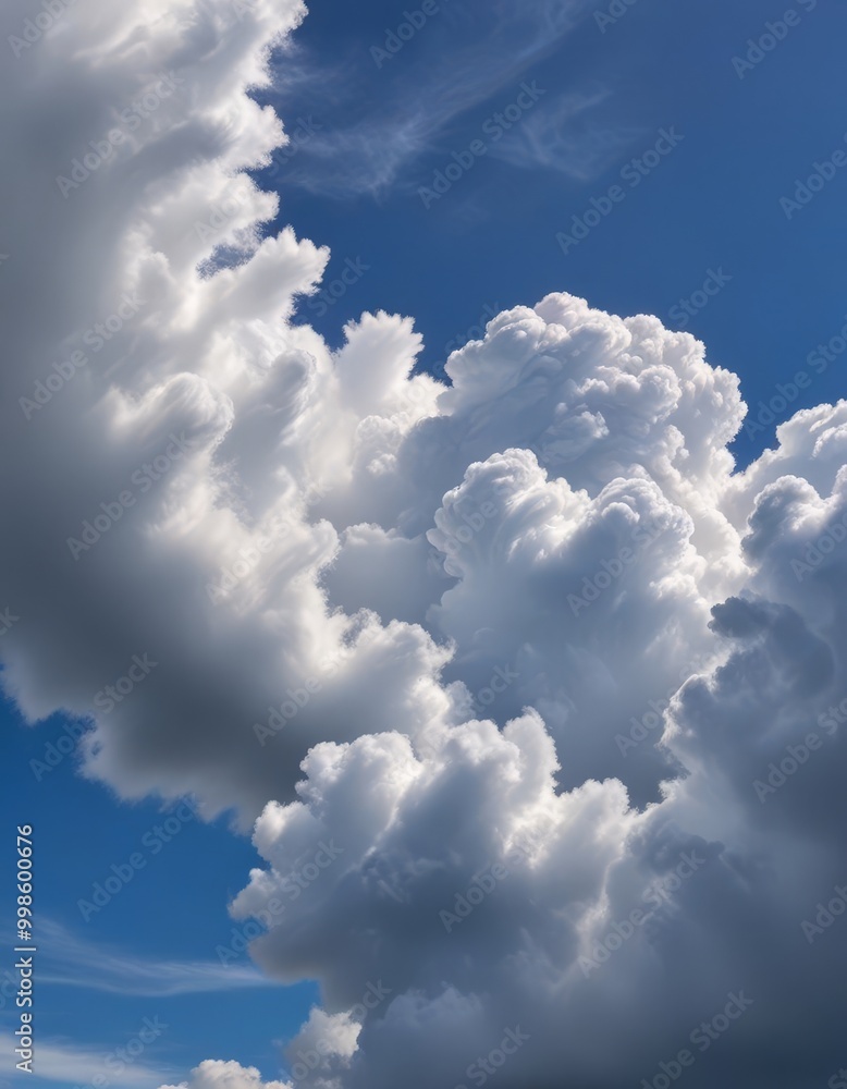 Poster A captivating of fluffy white clouds against a clear blue sky, with a few wispy clouds adding depth and texture to the scene