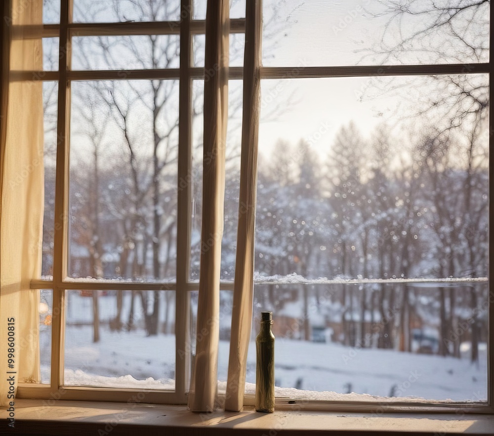 Aufkleber A snowy winter scene is visible through a window, with bare trees and a building in the background A bottle is placed on the windowsill, adding a touch of presence to