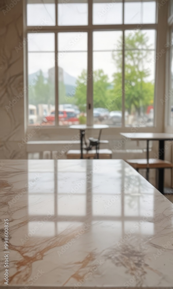 Aufkleber A marble countertop with a reflective surface, set against a blurred background room with large windows overlooking a parking lot and trees