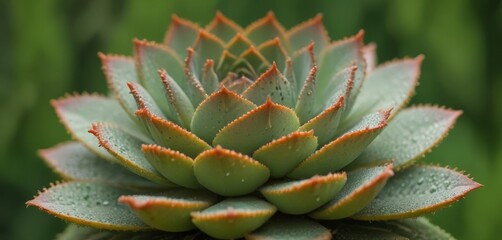 A close-up succulent plant with a vibrant green color and red-orange accents, set against a blurred green background