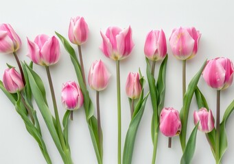 Fototapeta premium Pink tulips arranged in a line with varying heights against a soft white background Fresh and vibrant flowers showcasing their beauty