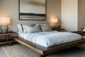 A modern bedroom with a platform bed simple bedding