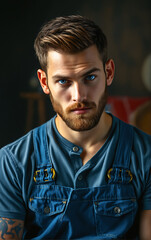 Fototapeta premium Portrait of a young man with a beard in a denim shirt against a wooden wall.
