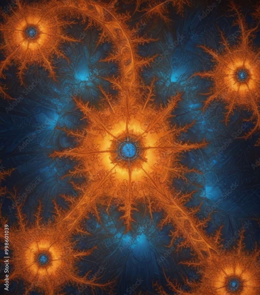 Leinwandbilder a fractal-like pattern with a central blue and orange circle surrounded by intricate orange and blue branches, creating a sense of depth and complexity