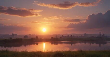 Naklejka premium A serene sunset over a calm lake, with a city skyline in the distance and a silhouette church spire in the foreground