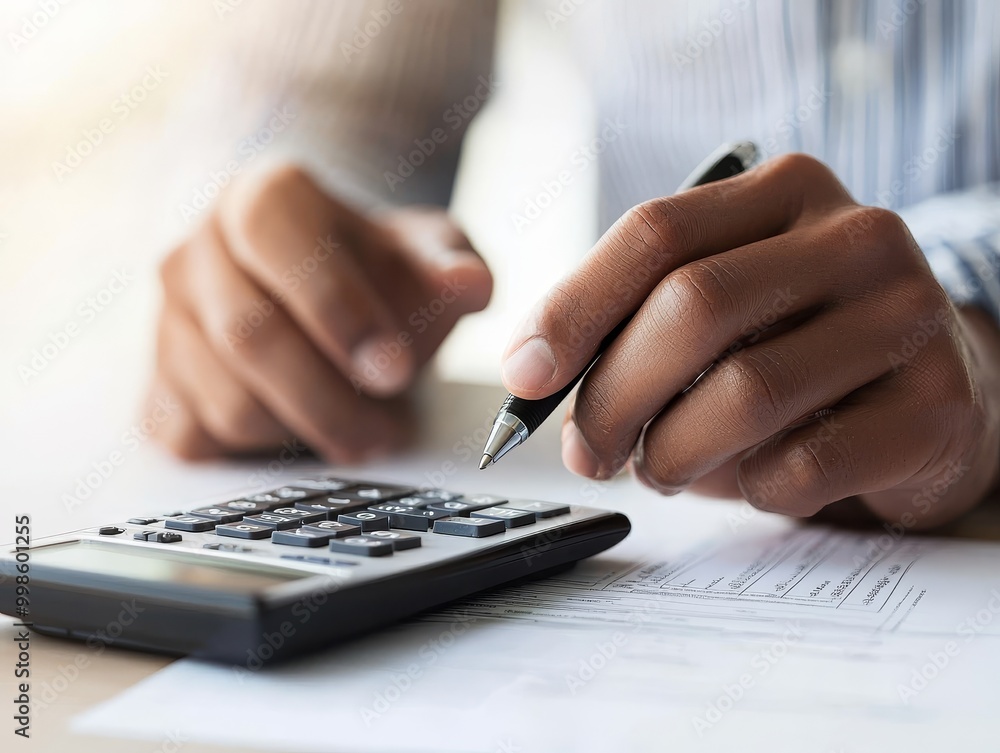 Poster a person calculates numbers and writes notes with a pen, demonstrating finance and accounting in an 