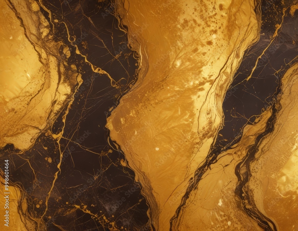 Poster a close-up view marble surface with a striking pattern of swirling lines and swirls in shades of gold and black