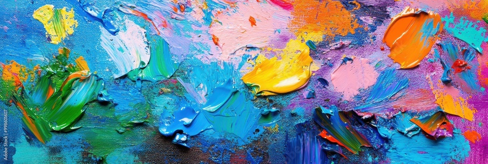 Leinwandbilder Bright splashes of color on a palette and an array of paintbrushes create a lively atmosphere in an abstract art project. Generative AI