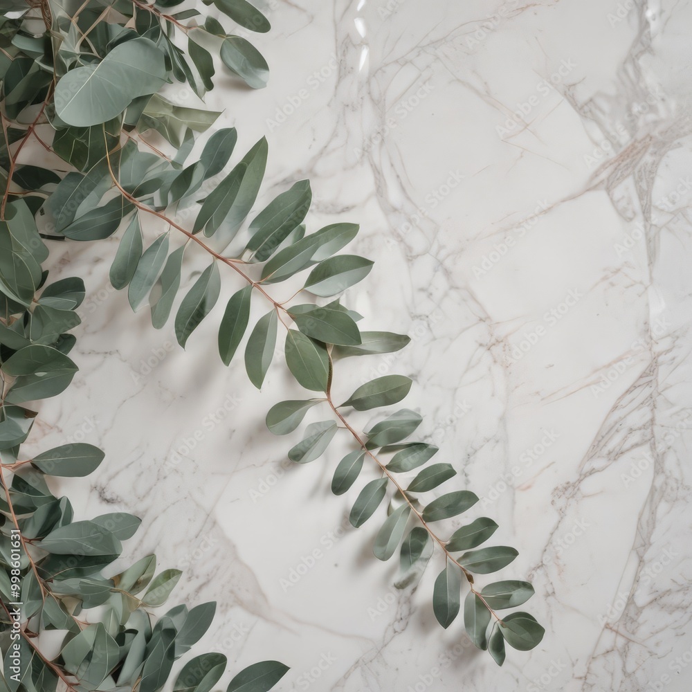 Poster a close-up view branch with green leaves against a marble background