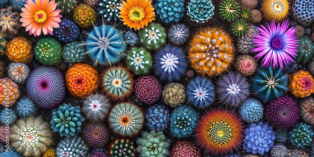 Poster diverse colorful cacti in vibrant array