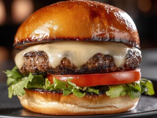a mouthwatering gourmet burger with melted cheese oozing over a perfectly grilled patty fresh vegetables and a golden brioche bun complete the tantalizing composition