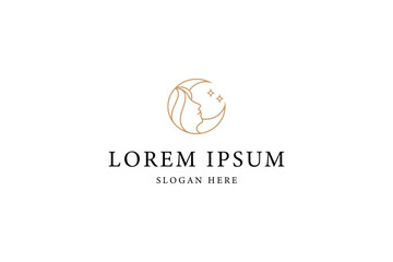 crescent moon logo with beautiful woman face in gold line art design style