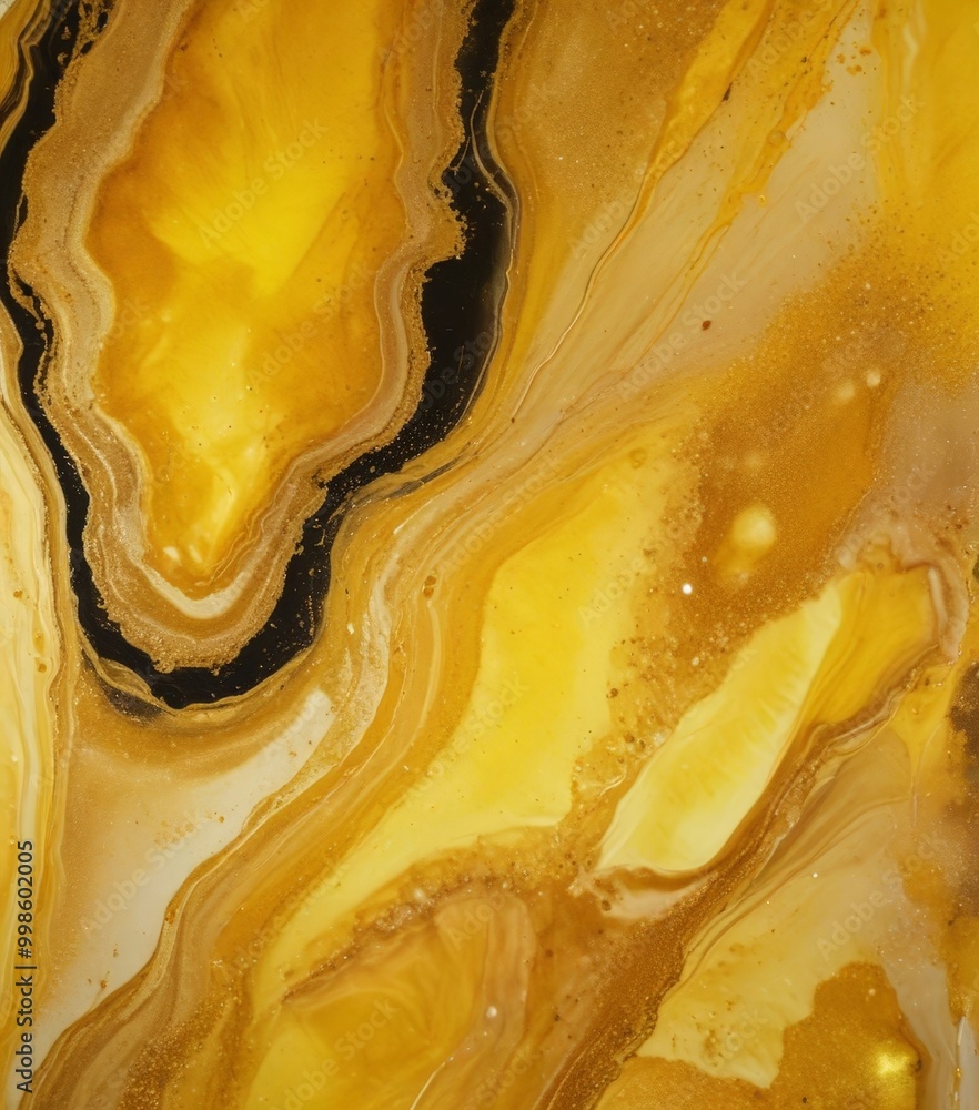Poster a close-up view textured surface with a striking pattern of yellow and black hues, resembling the swirling patterns found in nature or abstract art