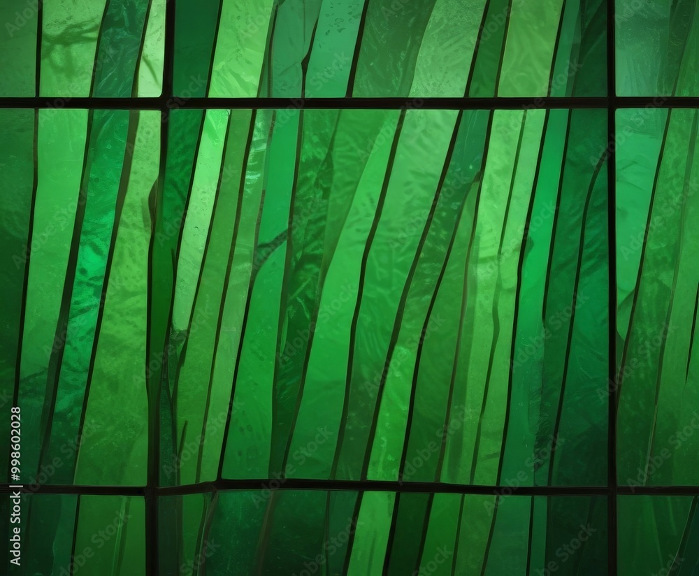 Poster a close-up view stained glass window with a vibrant green color and a diagonal pattern of vertical and horizontal lines