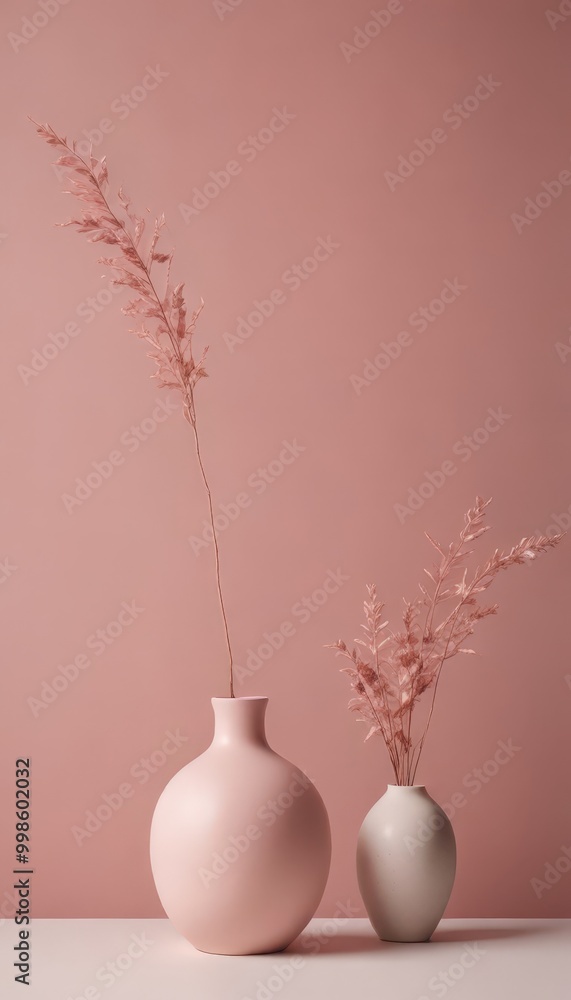 Poster two vases with pink flowers sit on a pink background, one larger and one smaller, creating a harmoni
