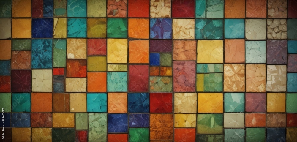 Poster A vibrant mosaic of multicolored square tiles, arranged in a grid-like pattern, creates a visually striking and textured background