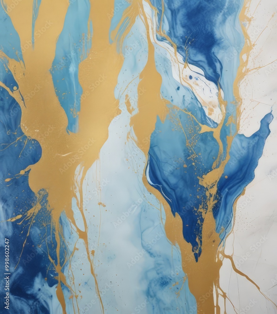 Aufkleber an abstract painting featuring a swirling pattern of blue and gold hues, with splashes of gold and b