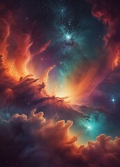 Obraz premium a vibrant cosmic scene with swirling clouds of color and light, including orange, blue, and green hues, set against a backdrop of stars and a bright, glowing center