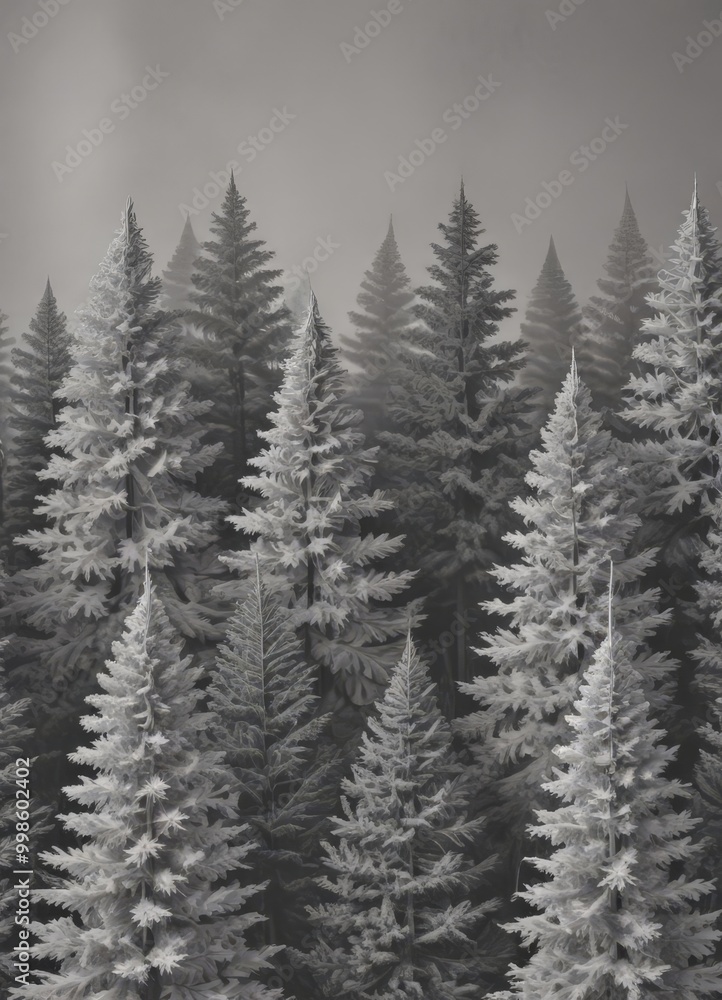 Poster a monochrome dense forest of evergreen trees with snow-covered branches, captured in a black and whi