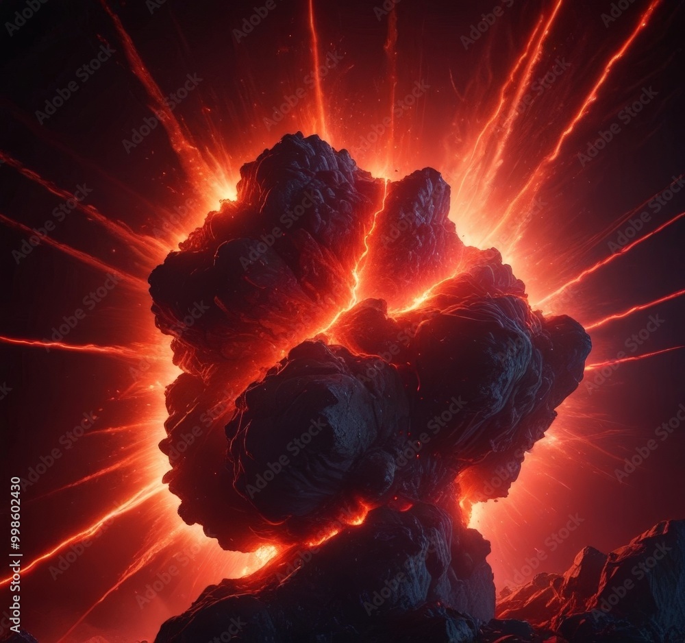 Aufkleber a large, dark rock formation with a bright, fiery explosion emanating from it, set against a dark ba
