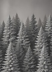 Obraz premium A monochrome dense forest of evergreen trees with snow-covered branches, captured in a black and white photograph