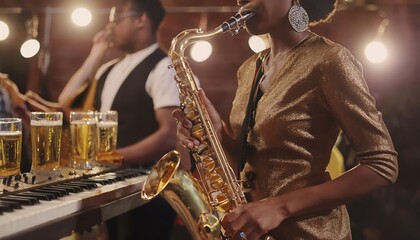 Unrecognizable Black jazz musician playing saxophone on stage at local bar with medium