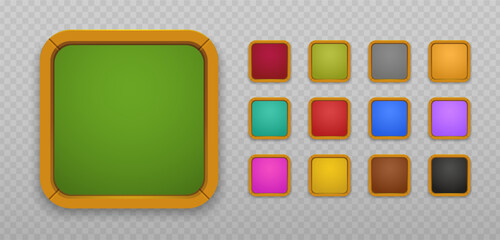 Square button set with wooden border. Colored buttons with orange frame. Game ui app icons, cartoon menu interface blocks. Gui graphic design elements. Vector EPS 10