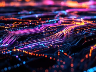 Fototapeta premium abstract digital landscape of flowing data streams neon circuitry patterns against dark backdrop futuristic information visualization