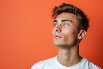 Fototapeta premium Portrait of a young man looking up and comtemplating something, new generation and future