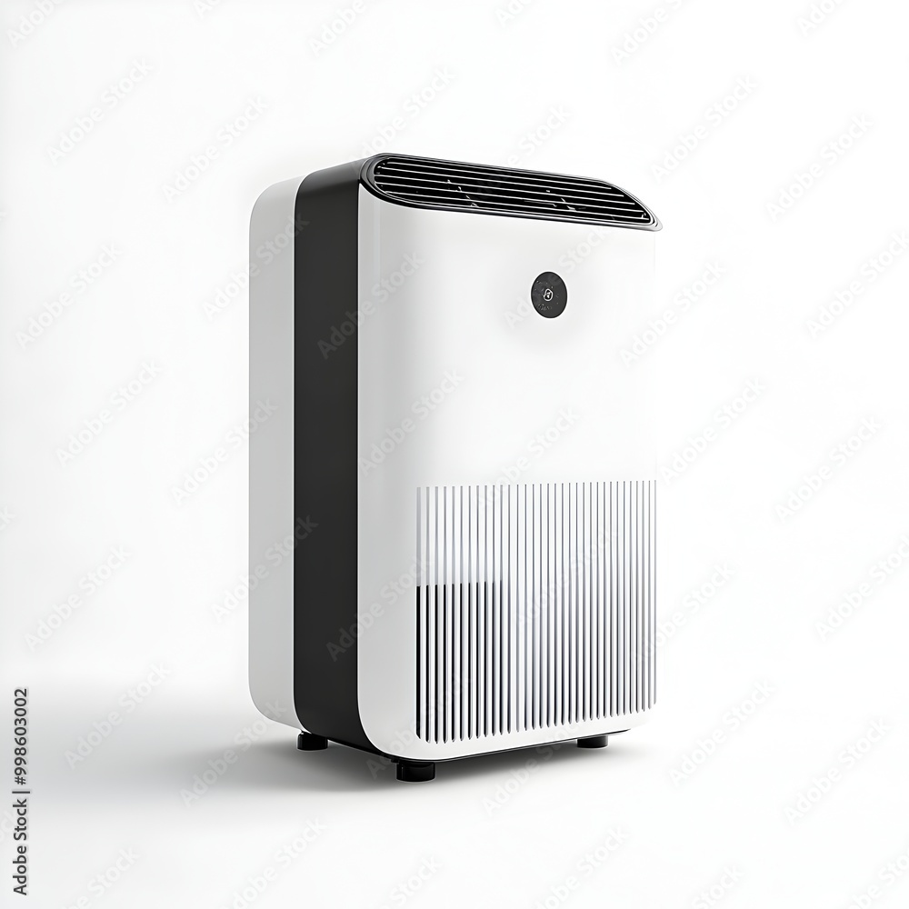 Poster sleek and minimal compact dehumidifier sitting on a pristine white background