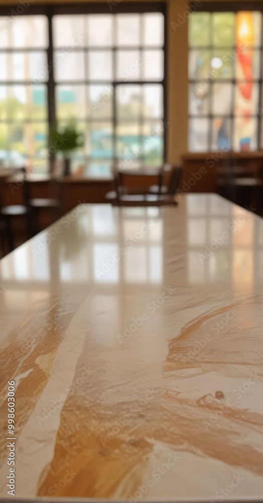 Poster a close-up view marble table with a marbled pattern, set against a blurred background room with larg