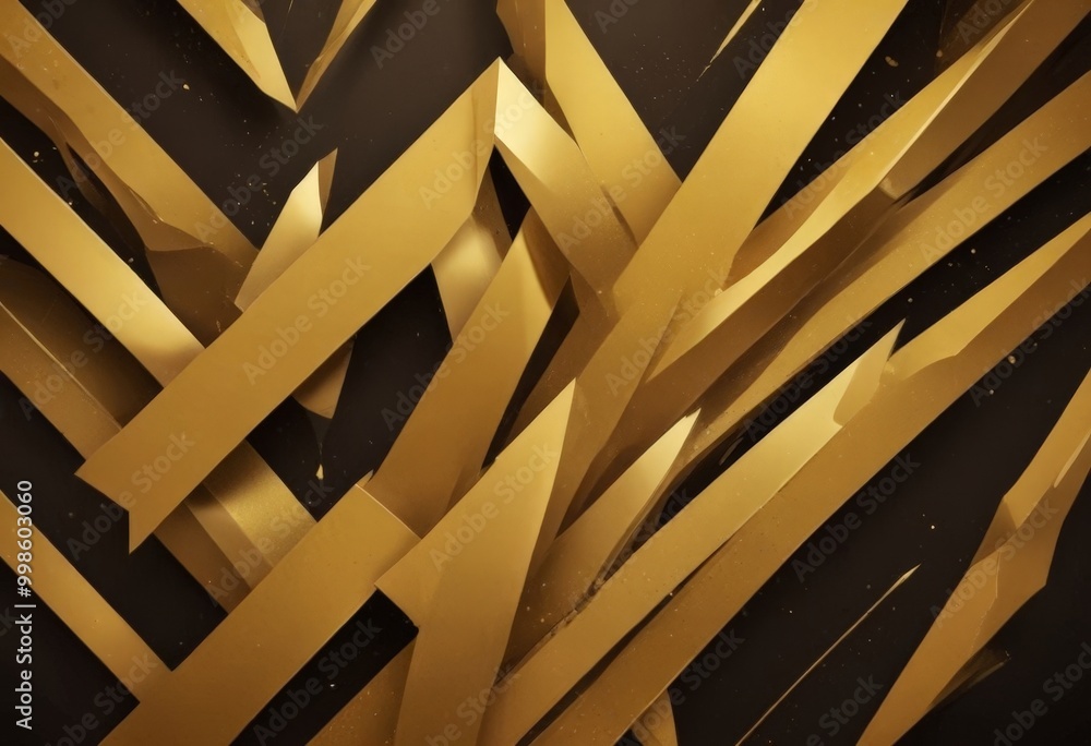 Poster a complex arrangement of intersecting golden lines and shapes against a dark background, creating a 