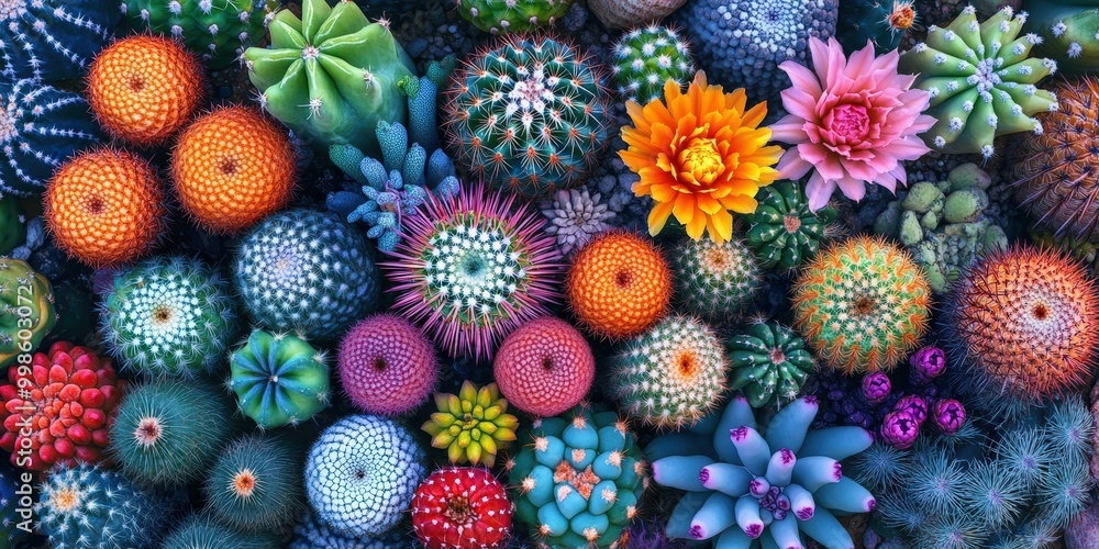 Poster colorful array of various cacti and succulents