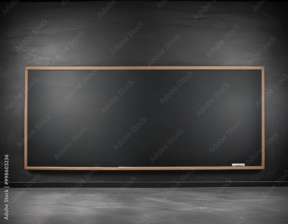 Poster a large, rectangular blackboard with a wooden frame is mounted on a dark wall, with a white chalkboa