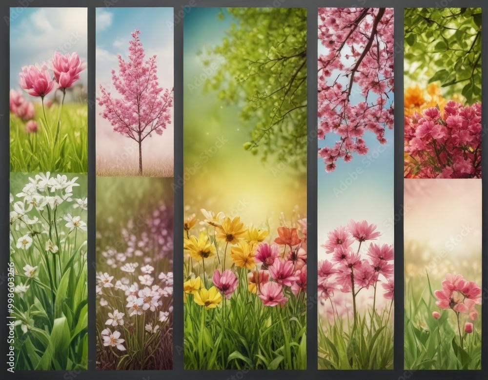 Poster a collage of nine vertical panels, each showcasing a different type of flower, arranged in a grid-li