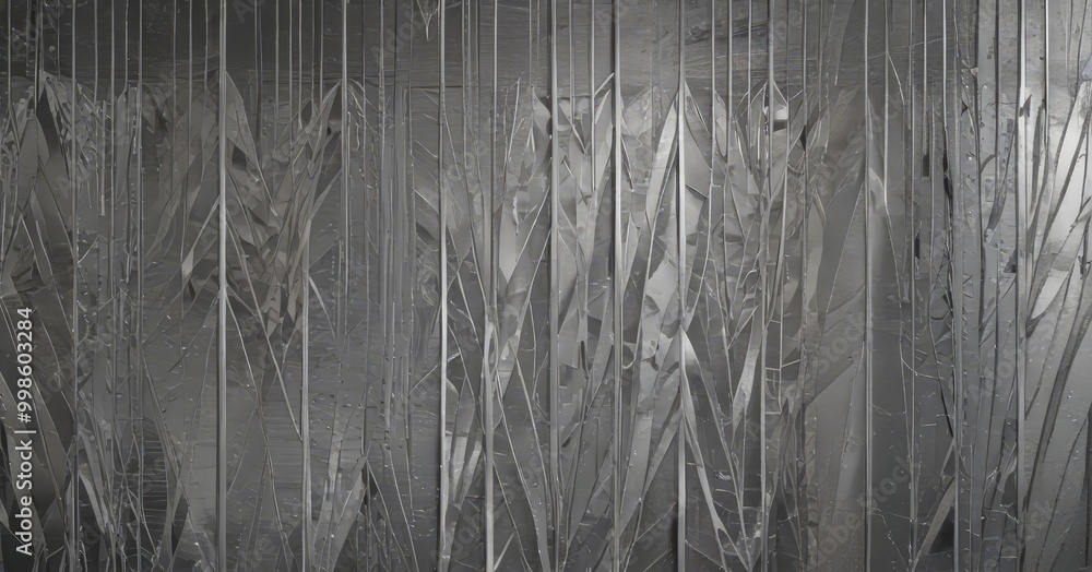 Poster a close-up view textured, metallic surface with a repeating pattern of vertical lines and curves, creating a sense of depth and complexity