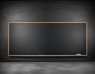 A large, rectangular blackboard with a wooden frame is mounted on a dark wall, with a white chalkboard eraser visible on the right side