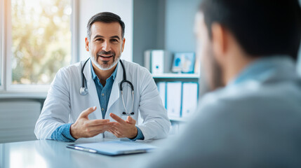 Obraz premium Professional physician wearing white coat talking to man at appointment visit in clinic. Doctor talking to patient in office. Consultation with urologist, check up, therapist, healthcare, men's health