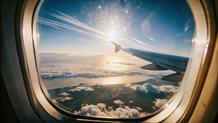 Fototapeta premium View from an airplane window of clouds and sunlight.