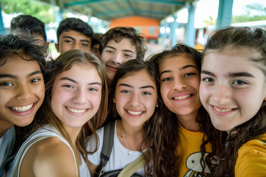Group of an alpha generation take a selfie photo, happy youth students smile at the camera, having fun together