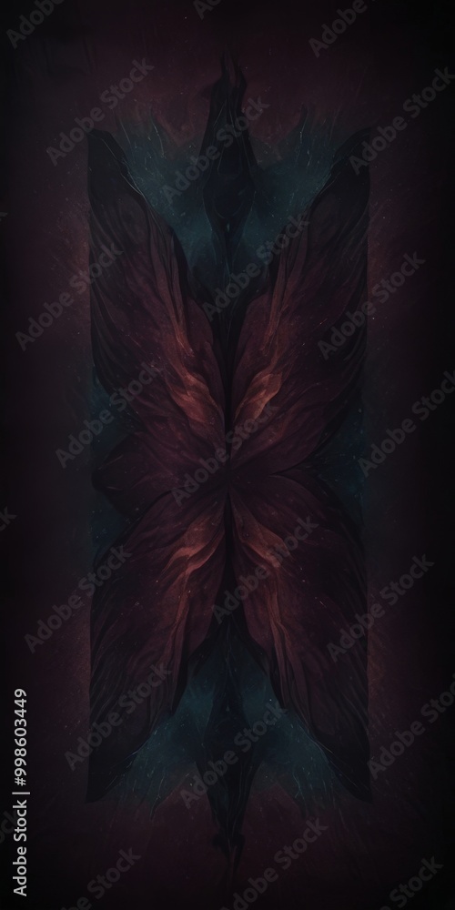 Poster a symmetrical, abstract design with a dark purple and blue color scheme, resembling a butterfly or f