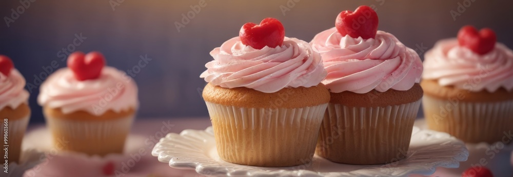Aufkleber three cupcakes with pink frosting and red heart-shaped candies are arranged on a white plate, with a