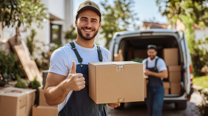 Moving and teamwork in transport services. Handsome smiling loader holding cardboard box and showing thumb up at minivan. Two male moving service workers in uniform carefully carry boxes. Delivery