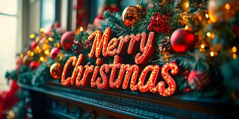 Naklejka premium Festive 'Merry Christmas' sign adorned with holiday decorations on a beautifully decorated fireplace mantle.