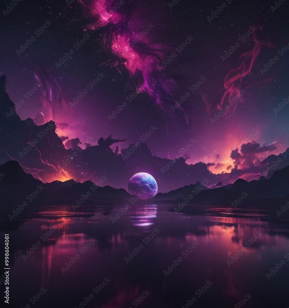 Poster a serene night sky with a large, glowing planet in the center, surrounded by a vibrant display of pink and purple hues The planet is reflected in a calm body of water, creating