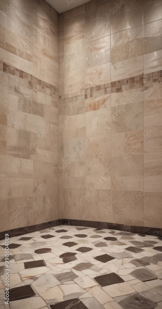 Poster a corner bathroom with a tiled floor featuring a mosaic pattern of brown and white tiles The walls are covered in beige tiles, and the floor has a darker brown tile pattern