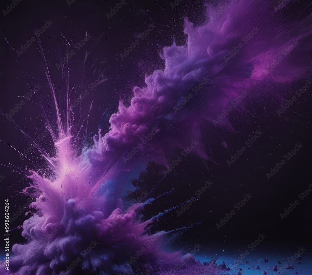Poster a large explosion with a vibrant purple and blue color scheme, with a dark background and scattered 